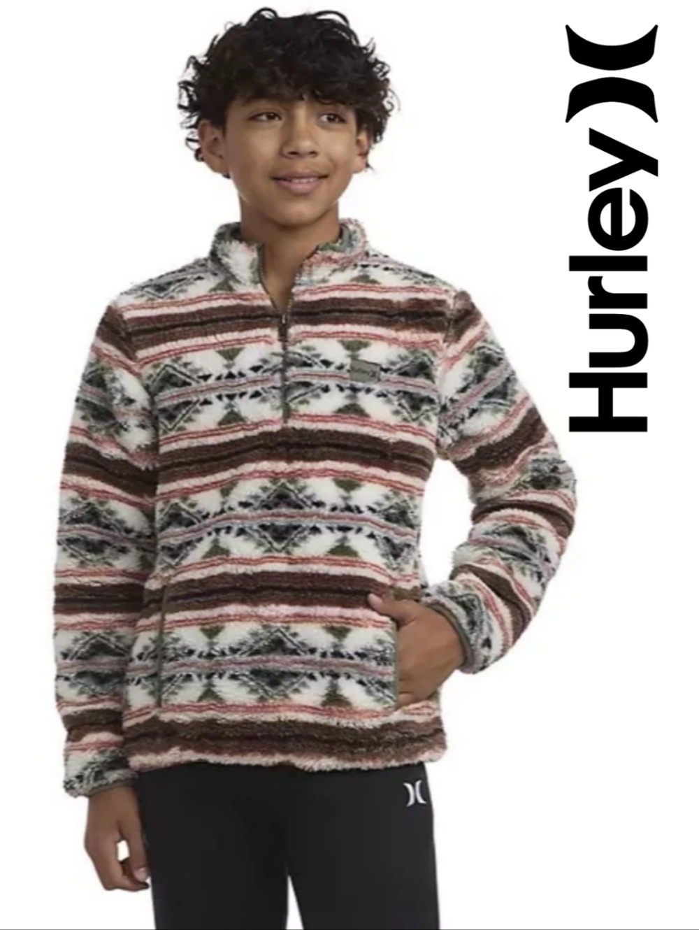 HURLEY Boys Sherpa Aztec Printed Quarter-Zip Jacket